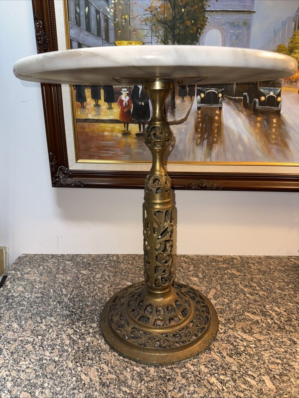 Vtg Round Marble & Pierced Brass Side Table Plant Stand Holywood Regency