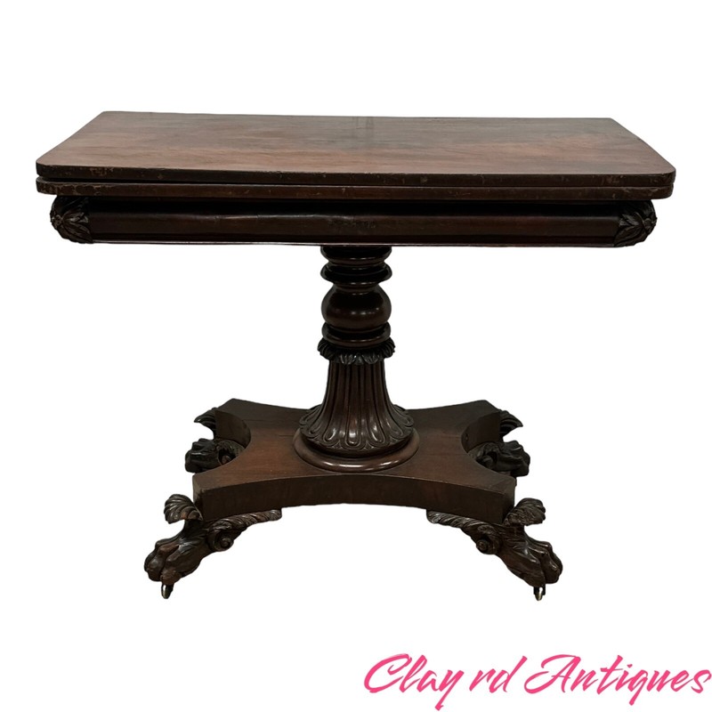 Antique Empire Federal Game Card Console Table 1830 Carved Mahogany Paw