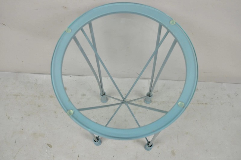 Postmodern Blue Wrought Iron "Skyscraper" Glass Top Pedestal Stand Side Table gallery