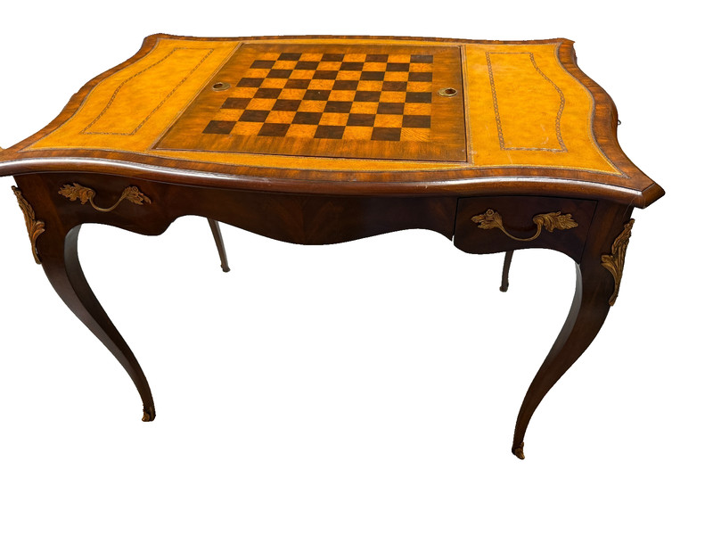 Maitland Smith Game Table Leather top, flip top chess or backgammon game insert gallery