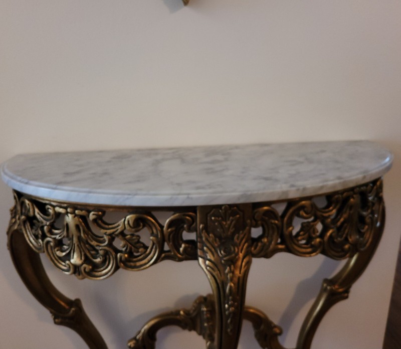 Antique Italian Console Table with Carrara Marble Top & Ornate Mirror, Wood gallery