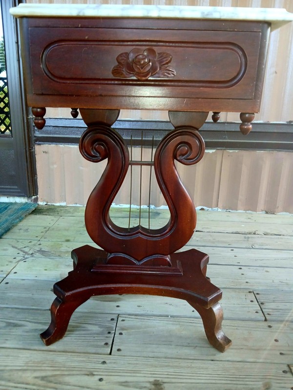 Vintage Victorian Italian Marble Top Mahogany Harp Side Table