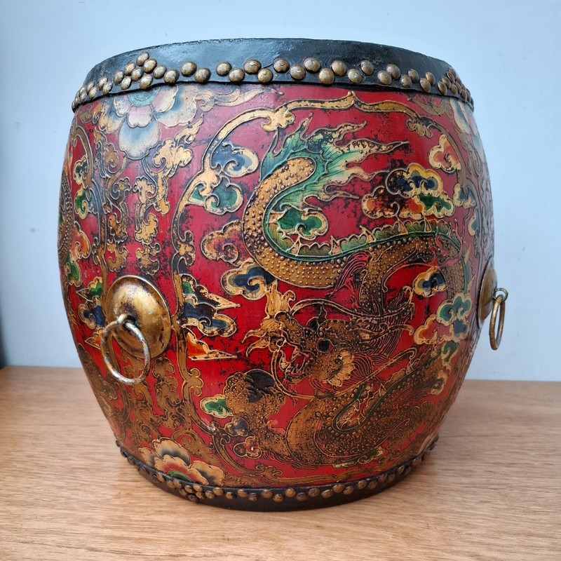 Vintage Antique Style Tibetan Ceremonial Drum Table Handpainted Dragon Wood gallery