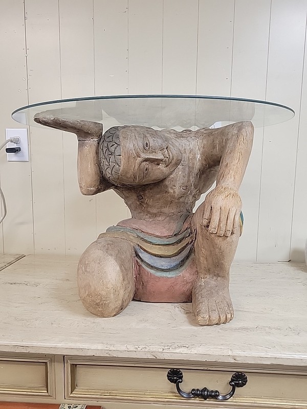 1960’s Polychrome Hand-Carved Wood Figural and Glass Coffee Table