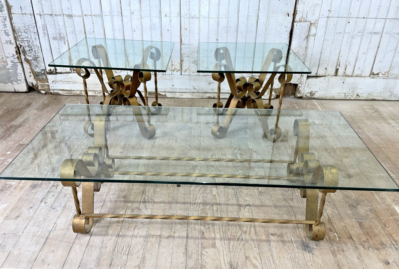 3 Mid Century Hollywood Regency Scroll & Twist Iron Glass Coffee & Side Table gallery