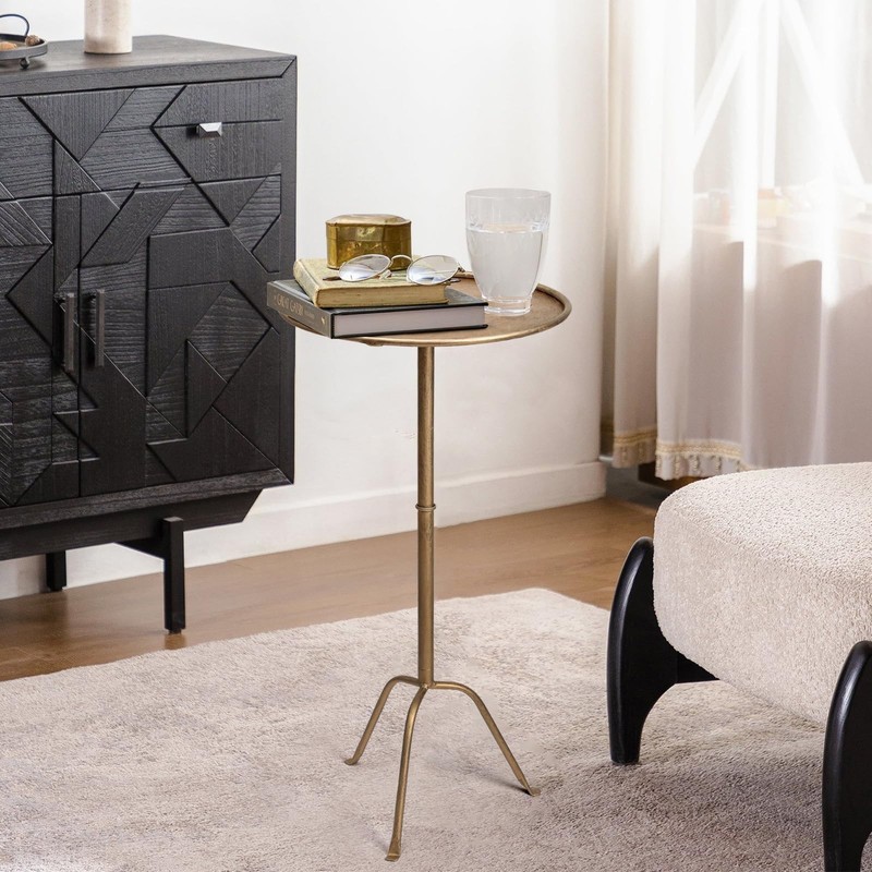 Antique Brass Metal Martini Side Table - Compact Art Deco, 12.5" Diameter, 27.5" gallery