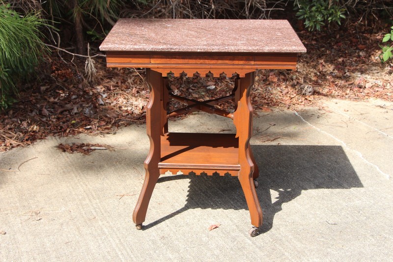 Walnut Victorian Marble Top Eastlake Parlor Table with Display Shelf ~ Ca.1880 gallery
