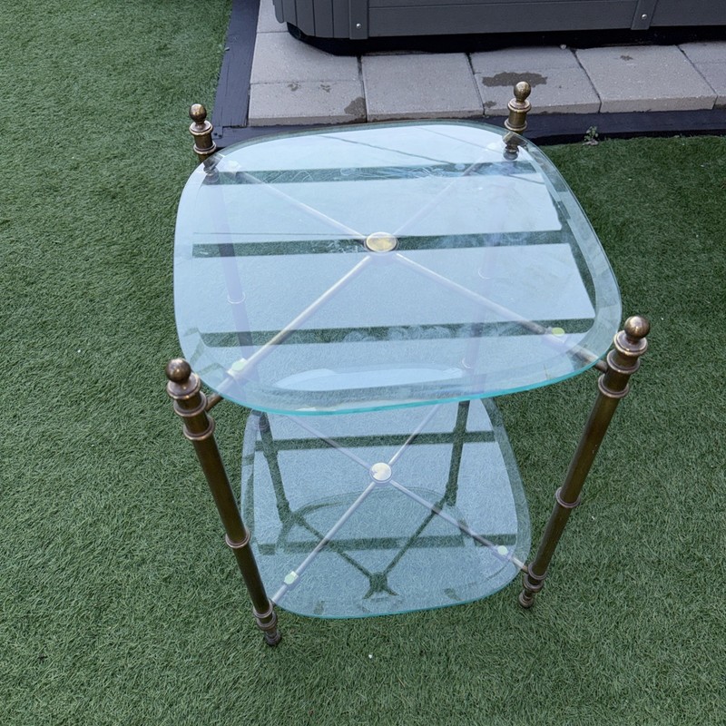 Vintage Brass Side Table with 2 Glass Shelves. gallery
