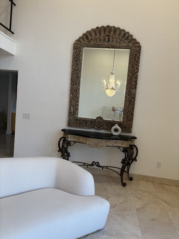  Chinese console table with marble top gold inset wrought iron legs gallery