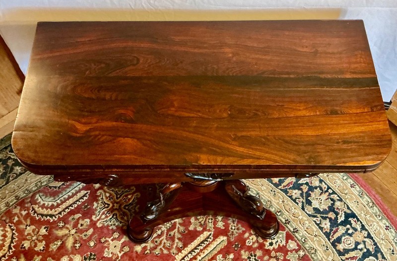 William IV Period Rosewood Game Table with Carved Dolphins Scrolls ca 1830 RARE gallery