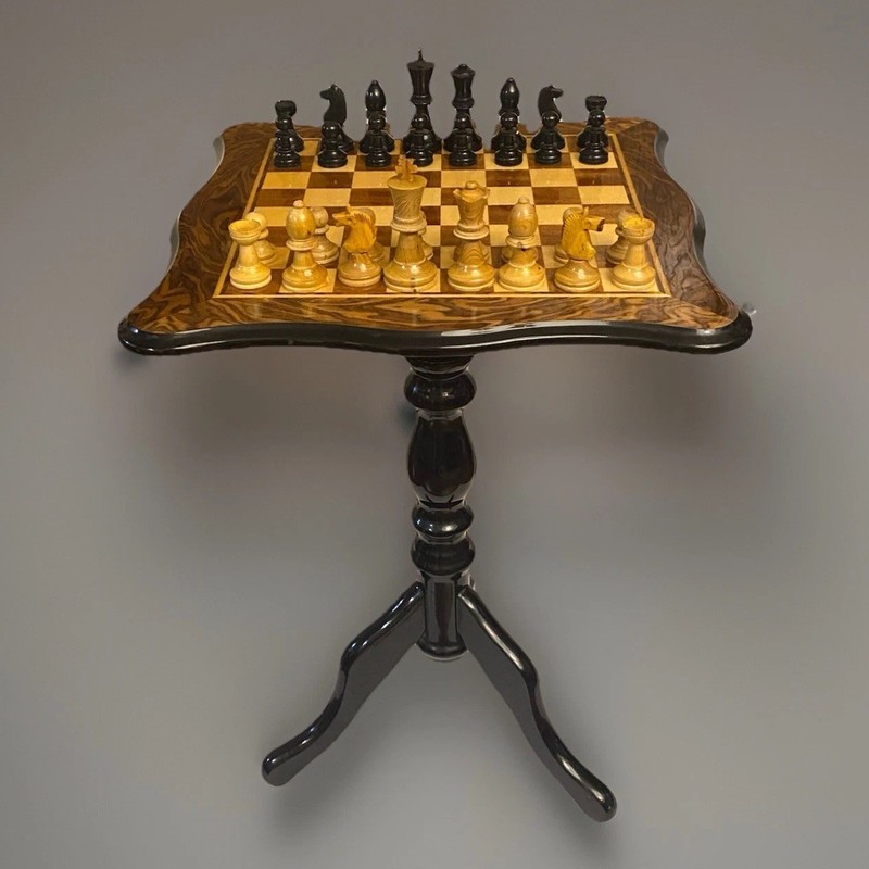 Hand-made Italian Chess and Checkers Table of Natural Wood With Chess Pieces