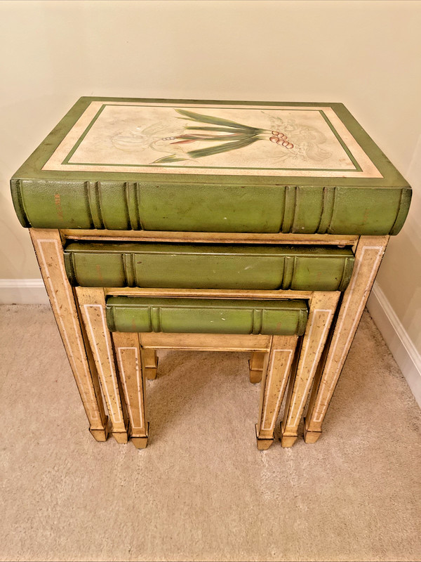Set of 3 Nesting Tables Italian Style Faux Leather Bound Library Book Botanical gallery