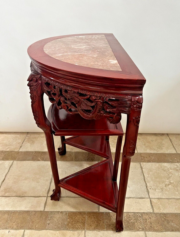 Vintage Demilune Console Table Three lower shelves carved claw feet Etagere gallery