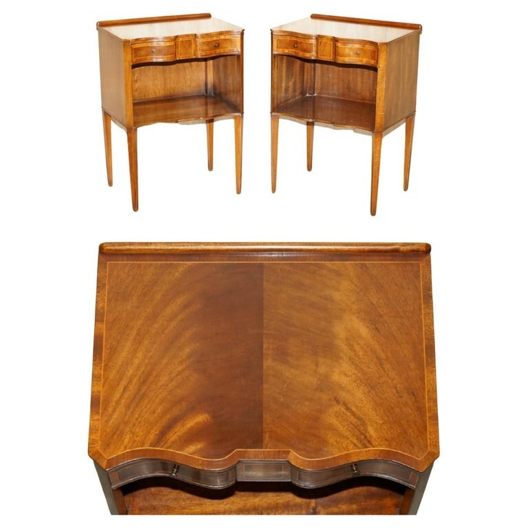 PAIR OF ANTIQUE RESTORED SERPENTINE FRONTED FLAMED MAHOGANY SIDE END LAMP TABLES