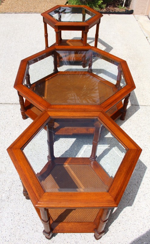 Mid-Century Modern Walnut Octagonal Glass Top & Cane Coffee Table + 2 Matching gallery