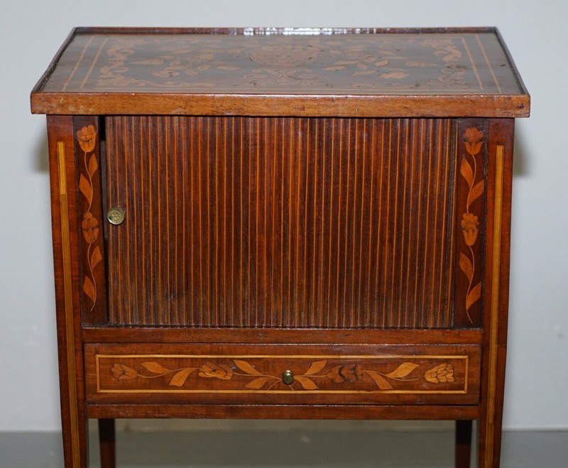 RARE 19TH CENTURY DUTCH MARQUETRY INLAID SIDE TABLE WITH TAMBOUR FRONTED DOOR gallery