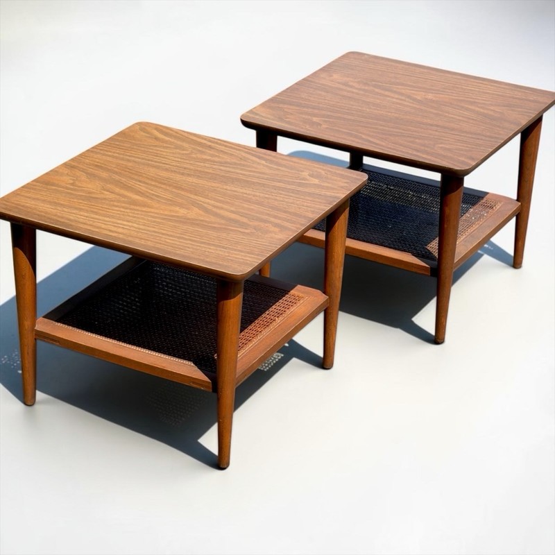 Pair Vintage Lane Mid Century Modern Walnut Formica Cane End Tables 1038-18 MCM gallery