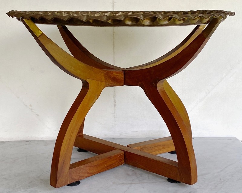 Vintage Persian Hand Hammered Moroccan Brass Coffee Table & Folding Legs. 22" gallery