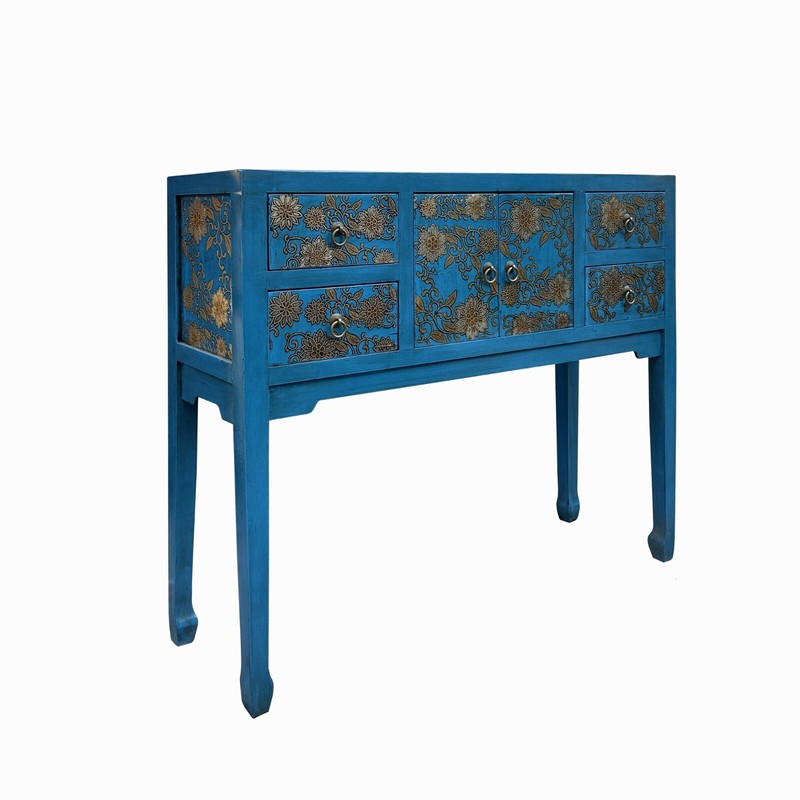 Blue Lacquer Golden Flower Graphic Drawers Slim Foyer Side Table cs7732 gallery