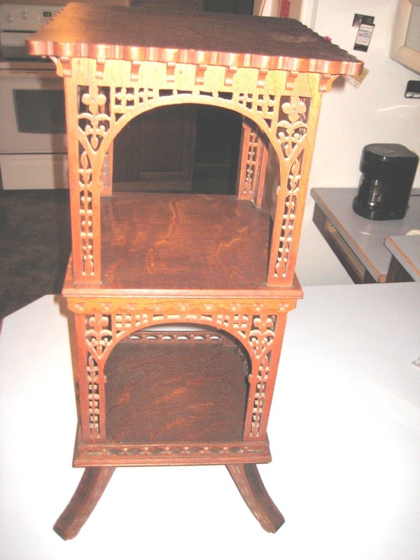 Fancy Scroll Frett Work Antique Victorian 1/4 Saw Oak Three Tiered table Stand gallery