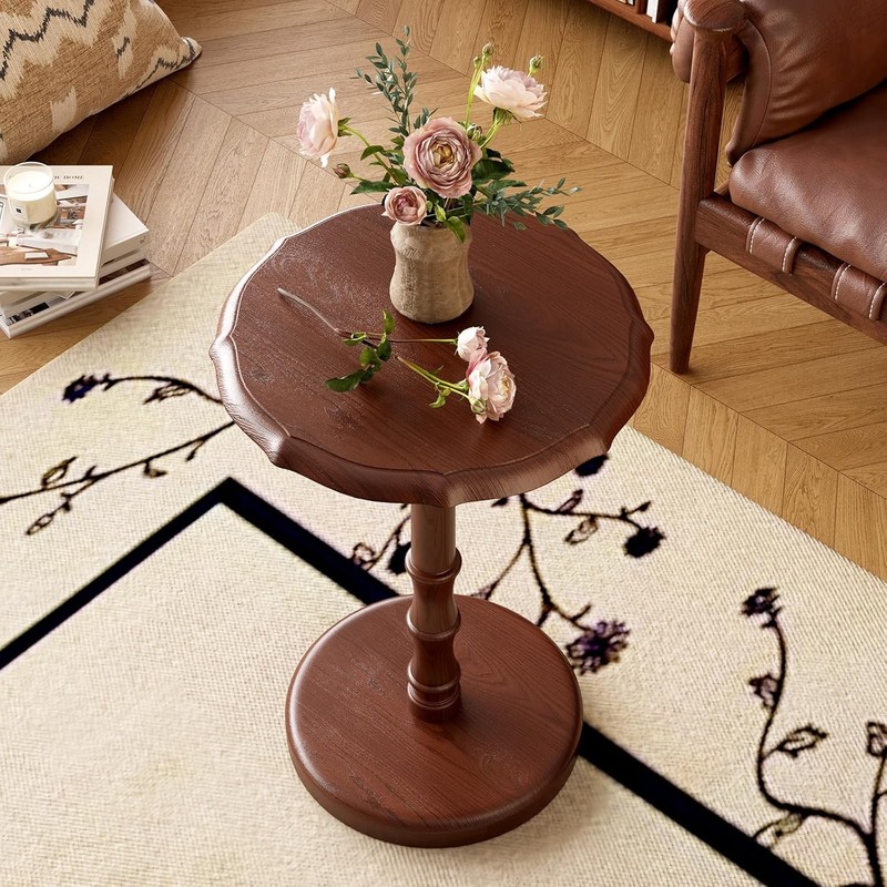 100% solid wood round base side table, heavy-duty antique-style decorative gallery