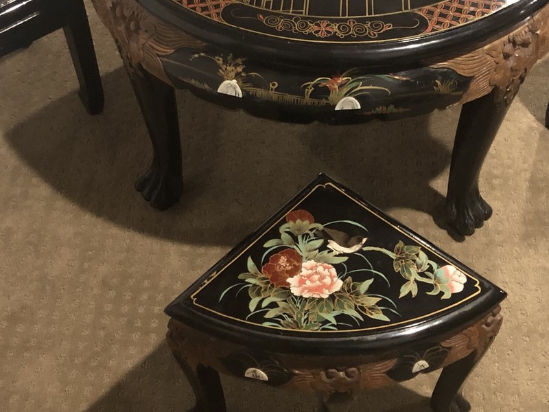 Vintage Chinoiserie Coffee Table W/Tuck Chairs, Mother Of Pearl, Birds & Flo gallery