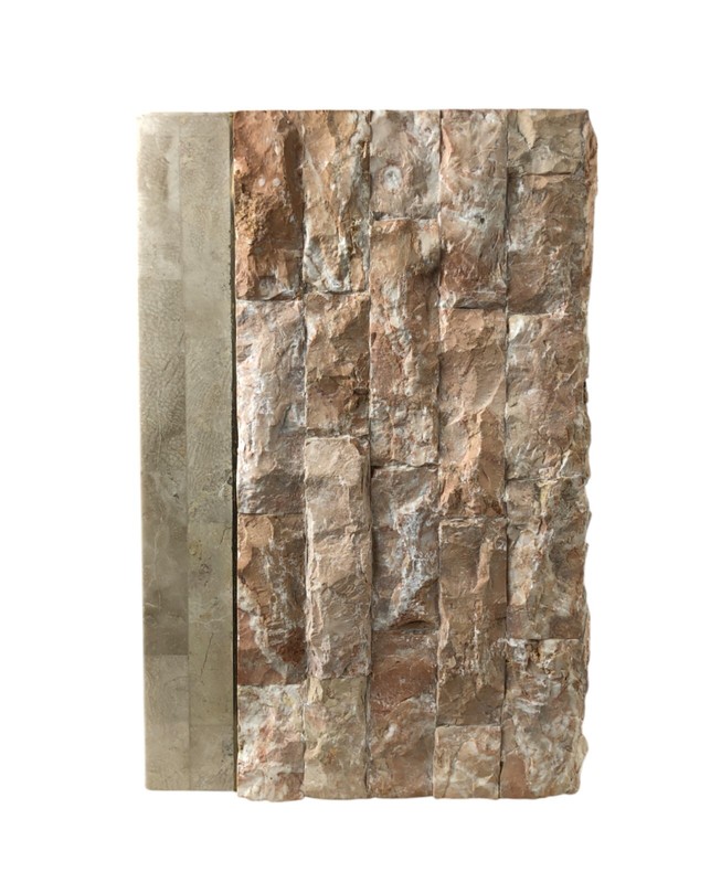 2 MCM MAGNUSSEN FURNITURE Tessellated Marble Stone Brass + Glass Side End Tables gallery