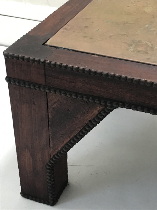 Early 20th Century English Arts & Crafts Copper Nailhead Wood Table gallery