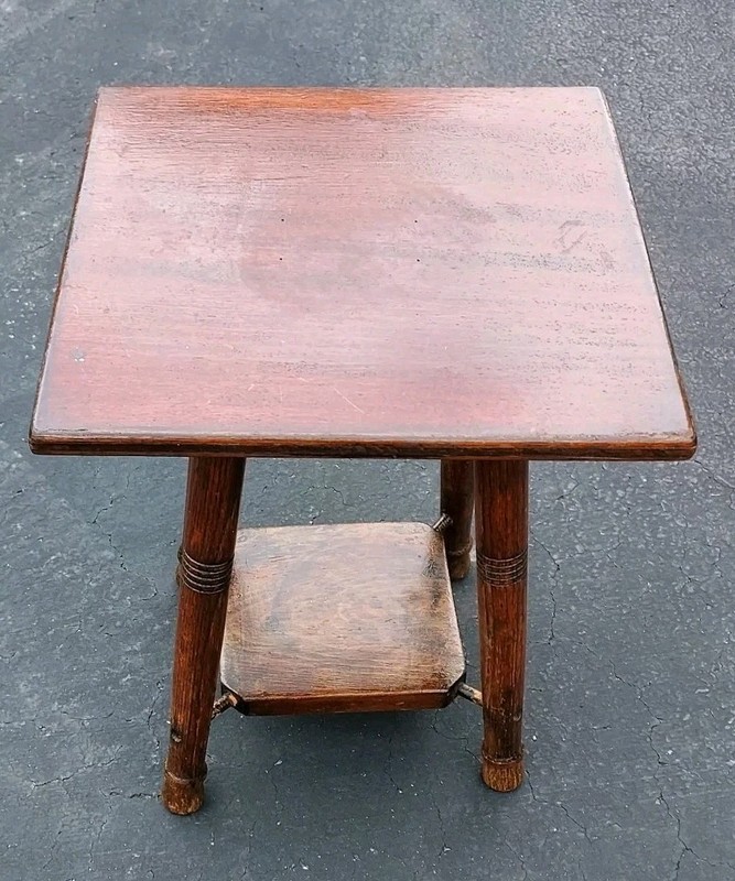 Vintage 1950's Two-Tier Oak Parlor Side Table with Turned Legs 16" Tall gallery