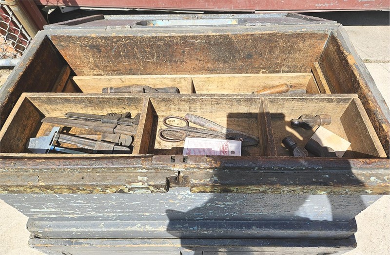 VINTAGE RUSTIC PINE CARPENTER WORKBENCH w IRON VICE CLAMP & STORAGE TRUNK TOOLS gallery