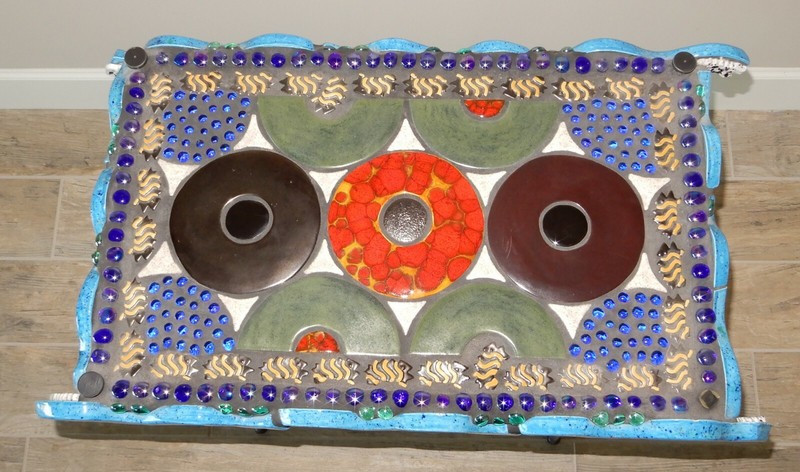 Mosaic Art Side Table “Armadillo Love” by Joan Baron 28″ x 16″ x 23″