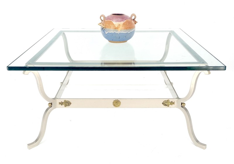Jansen Atr. Brushed Steel Brass Mounts Rosettes Square 3/4" Glass Coffee Table gallery