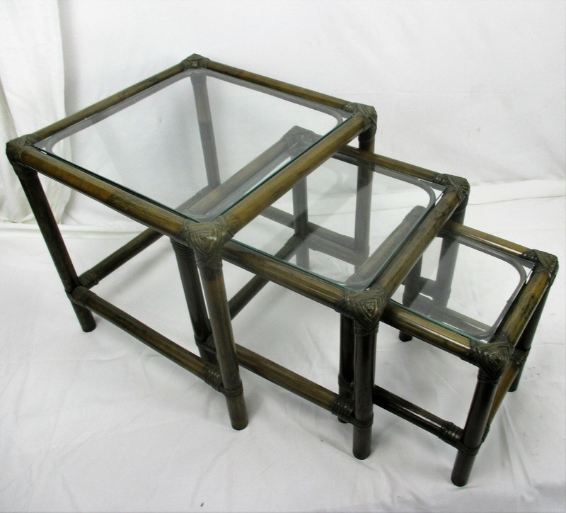 Set of 3 Vintage Nesting Coffee Side Tables Faux Bamboo Rattan Lounge gallery