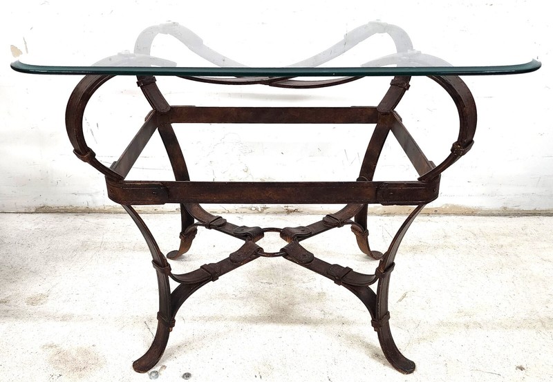 Jaques Adnet Hermes Style Side Table Trompe l'Oeil Leather Straps gallery