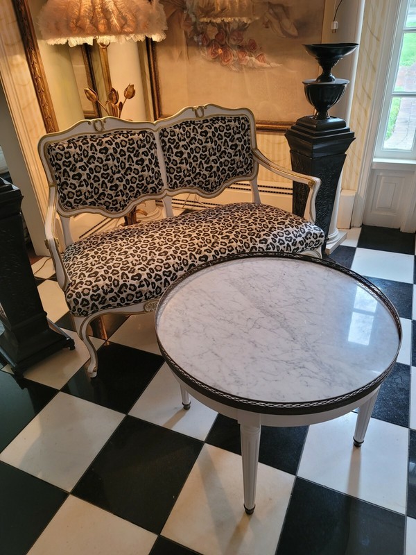 VTG Painted Danby MARBLE TOP Accent Table French LOUIS XVl Style w/Brass Gallery gallery