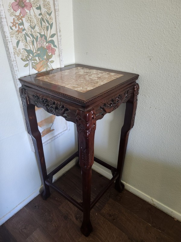 2 Chinese Handcarved Side Tables Marble Inserts. Great Condition 36" H Pedestals gallery