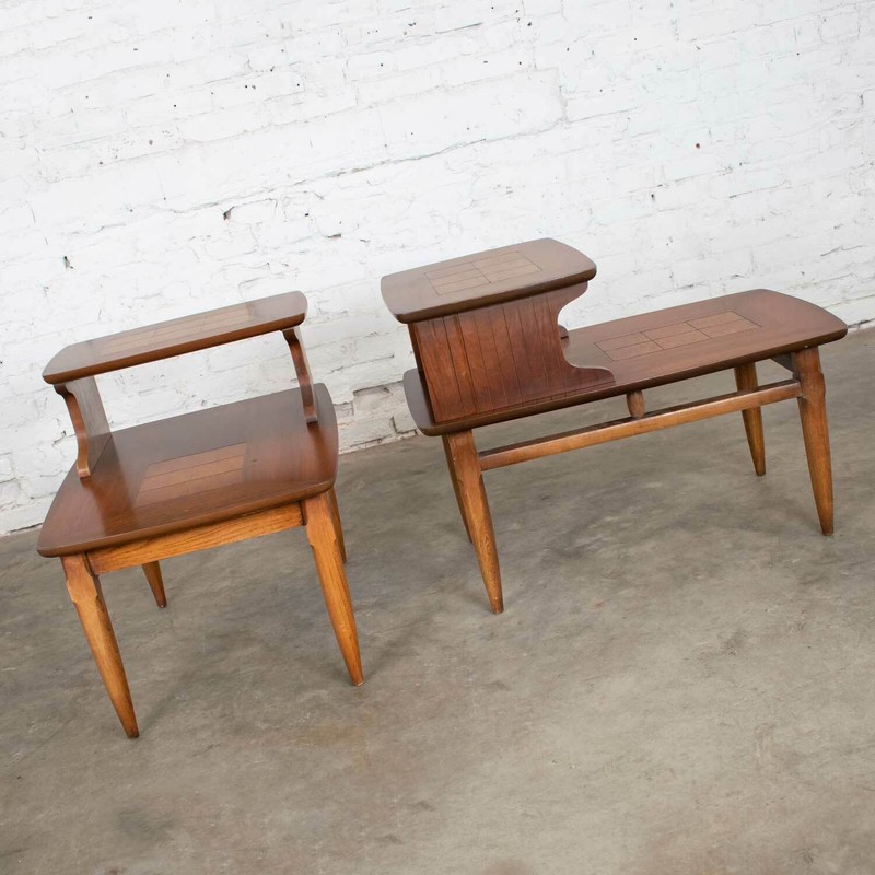 Mid Century Modern Pair Lane Step End Tables with Inlaid Walnut Burl Style #1927 gallery