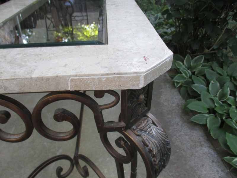 GORGEOUS! Vintage French Ornate Iron with Marble and Glass Top Console Table gallery