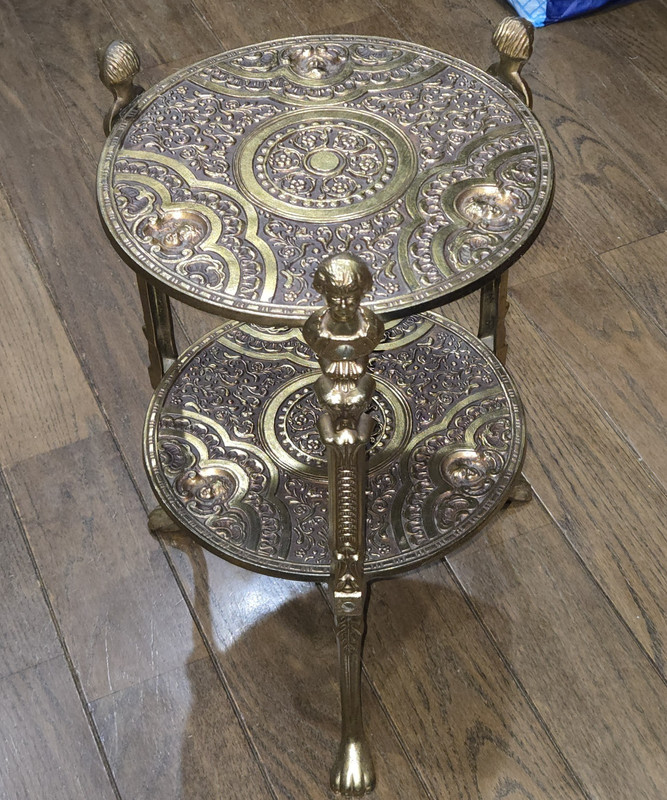 1950s Brass 2-Tier Plant Stand Art Noveau Victorian Cherub Claw Foot Table 19" gallery