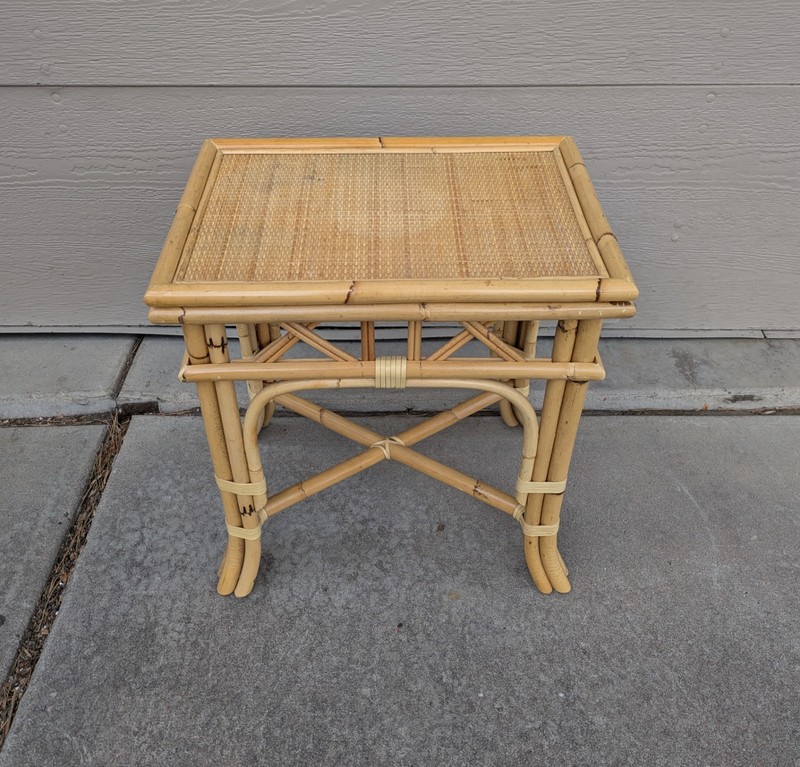 Vintage MCM Boho Chic Bamboo Wicker Rattan Cane Top End Table Tiki Coastal T63 gallery
