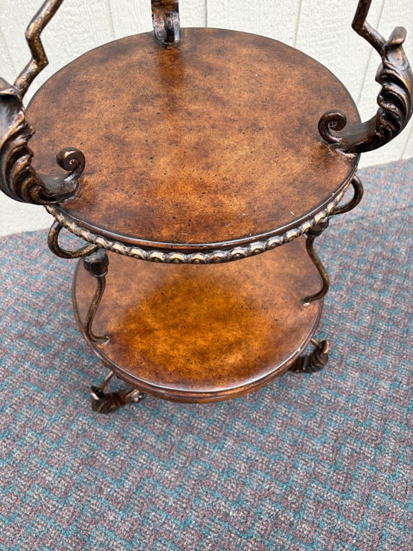 67831 Ornate Three-Tier Accent Table with Metal Scrollwork and Wood Finish gallery
