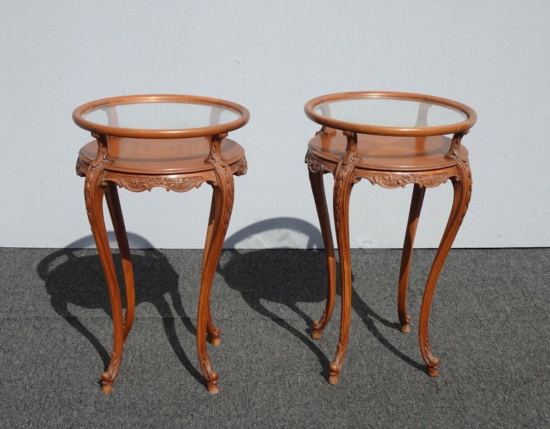 Vintage French Rococo Louis XVI Style Brown Ornately Carved Side Tables Two Tier gallery