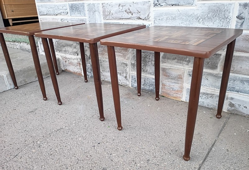 3 Vtg Mid Century Inlaid Woodgrain Laminate Stacking Nesting Snack End Tables gallery