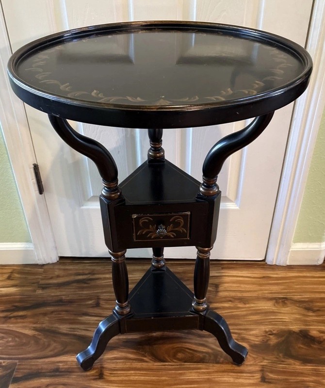 VTG- Reproduction–Napoleon Black Side Table With Drawer And Painted Accents