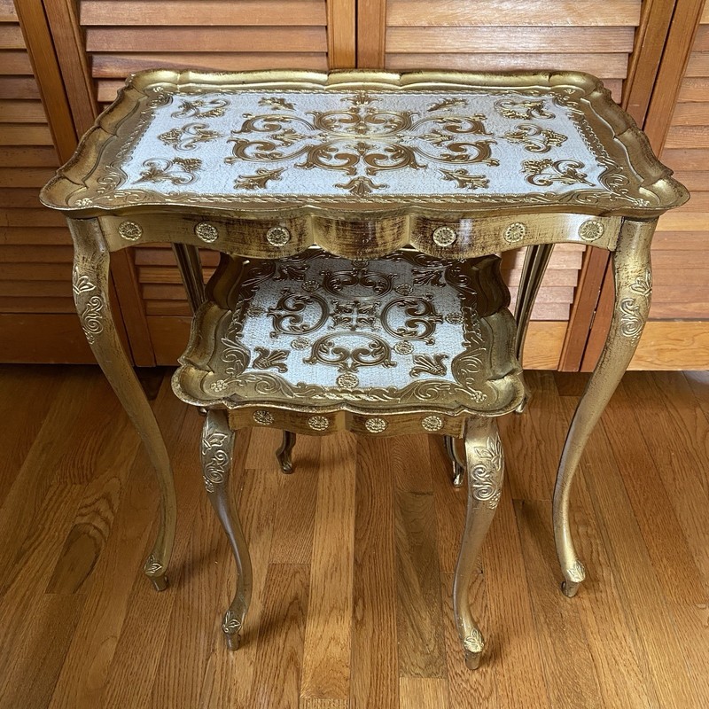 2 Vintage Gold Gilt Italian Florentine Hollywood Regency Nesting Tables Set 50s