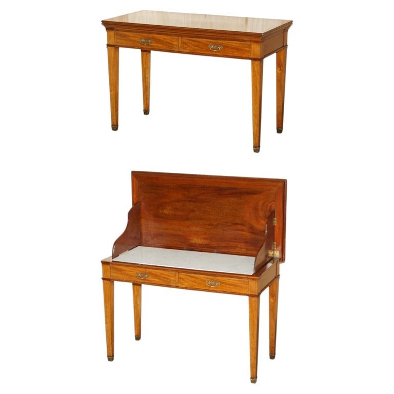 FULLY RESTORED HOWARD & SON’S FLAMED MAHOGANY MARBLE INSET CONSOLE TABLE DESK