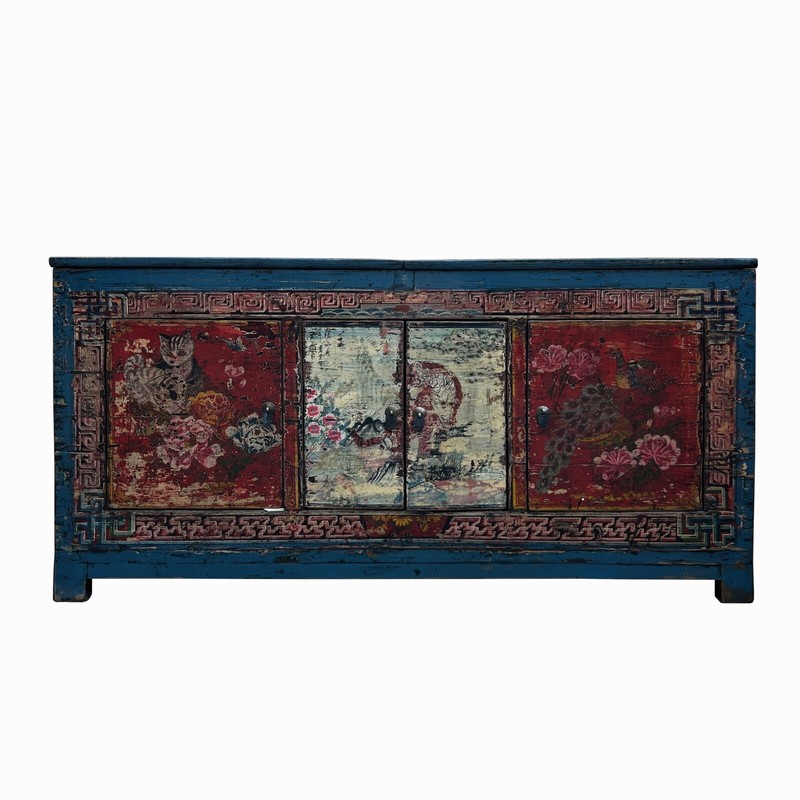 Chinese Distressed Blue Red Tiger Graphic Sideboard Console Cabinet cs7739