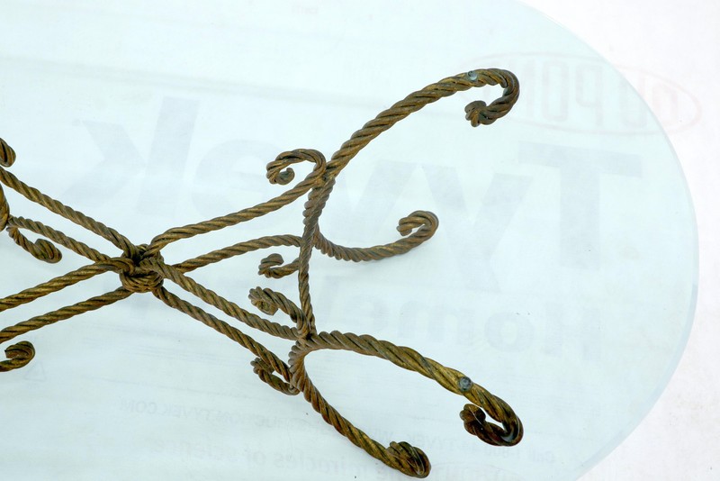 Twisted Wrought Iron Rope Gold Gilt Base Oval Racetrack Glass Top Coffee Table gallery