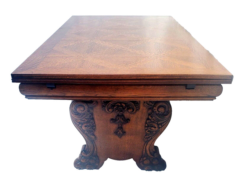 Antique 1930s Ornately Carved Oak Draw Leaf Dining Table with Claw Feet