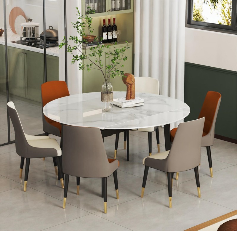 XXL Round Marble Dining Table & Leather Chair Extendable Restaurant Island Table gallery